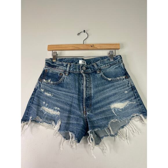 NEW Moussy Vintage Distressed Frayed Hem Whisker Faded Walworth Shorts Blue - Picture 2 of 7